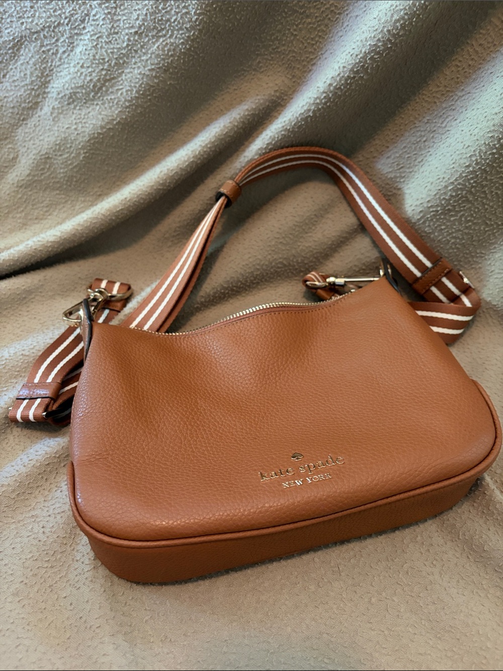 kate spade Brown Pebbled Leather Crossbody with Striped Strap